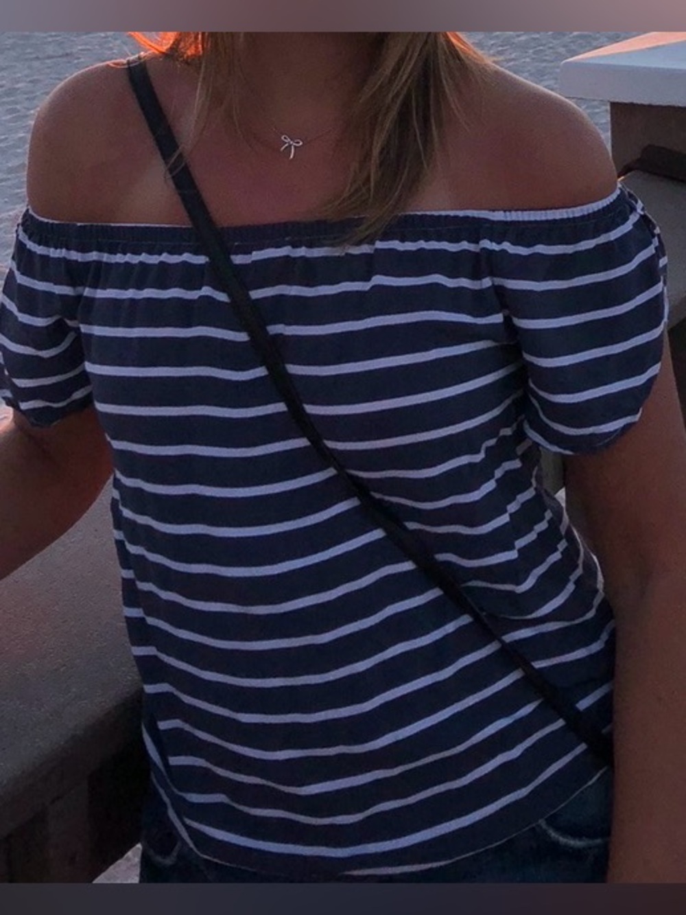 Dynamite Navy Striped Off Shoulder Flowy Blouse S